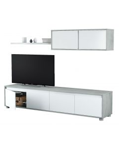 Parete attrezzata mobile soggiorno TV colore bianco e cemento 200x41x43 cm